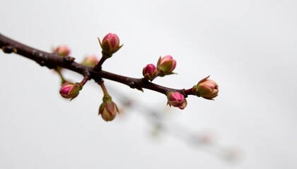 A close-up of delicate pink flower buds clustered on a slender branch, a sign of spring's gentle awakening. The branch and buds are in sharp focus, contrasted against the soft, blurred background.
