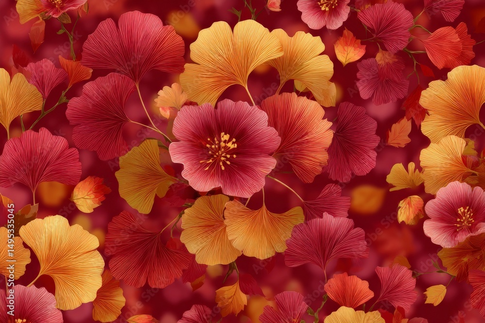 Poster colorful floral pattern featuring vibrant leaves and blossoms on a red background, creating a rich a