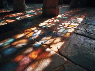 Stained Glass Light Reflections on Stone Floor, Symbolizing Heritage and Architectural Preservation, Ideal for Historical Tourism and Cultural Enrichment : Generative AI