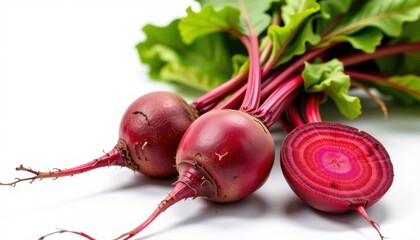 Vibrant and fresh red beetroots on display, showcasing their natural beauty and nutritional value. One beetroot is sliced to reveal the interior pattern