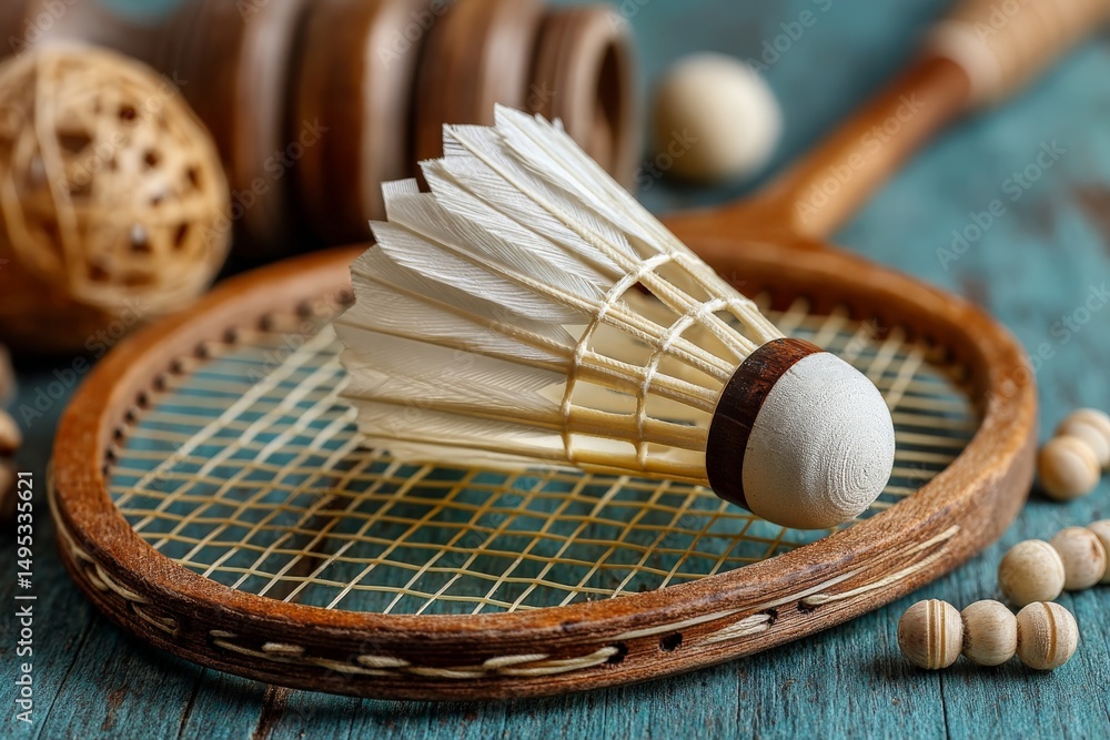 Poster shuttlecock resting on a wooden racket surrounded by decorative wooden balls on a rustic table