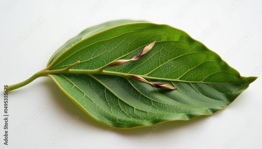 Poster a close-up of a vibrant green leaf with intricate details and a tiny branch in the background. this 