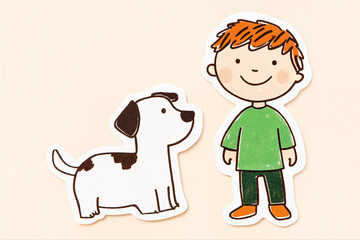 Sticker drawing boy with dog, muted colors, solid background