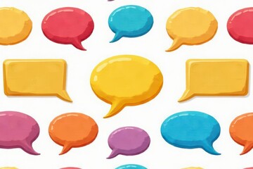 Seamless pattern of colorful speech bubbles on white background, graphic, playful