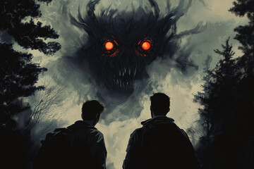 Close-up: two men, seen from behind, standing in the middle of a mountain forest, with a monster, a wendigo with glowing red eyes, in the background.