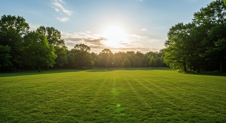 Obraz premium Golden Hour Meadow Lush Green Field Bathed in Sunlight with Forest Edge.