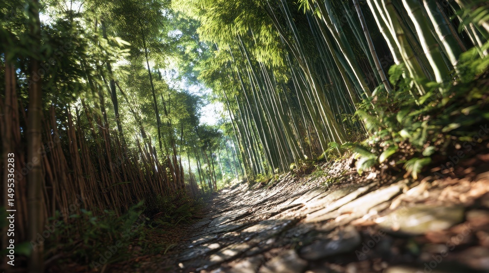 Poster pathway through bamboo forest with sunlight, showcasing tranquility and environmental conservation :