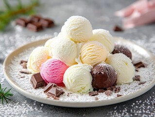 Huge mountain of colorful ice cream balls served on a plate with chocolate pieces