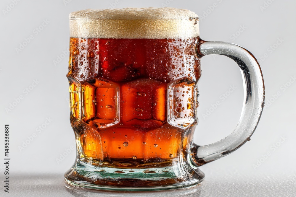 Poster refreshing mug of beer filled to the brim with golden foam in a clear glass setting