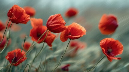Obraz premium Red Poppies in a Field During a Rain Shower, Representing Remembrance and Memorial Day, Ideal for Floral Design and Springtime Greetings : Generative AI