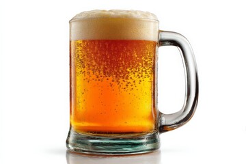 Craft beer served in a clear glass mug showcasing golden amber color and frothy head with bubbles under bright lighting