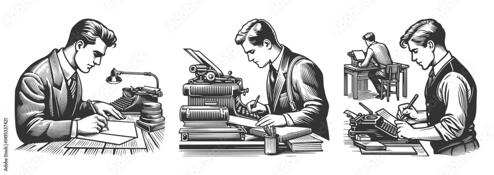 Poster men writing at desks with typewriters, books, and paper in a retro, professional setting set collect