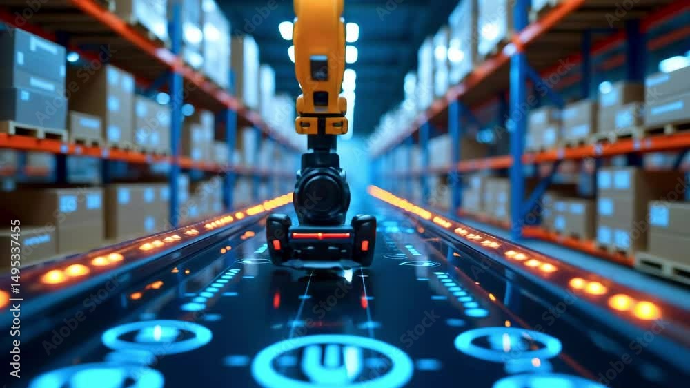 Poster robotic arm operating on a conveyor belt in a warehouse filled with stacked boxes, showcasing automa