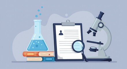 A scientific workspace featuring a microscope, beaker, clipboard, and books.