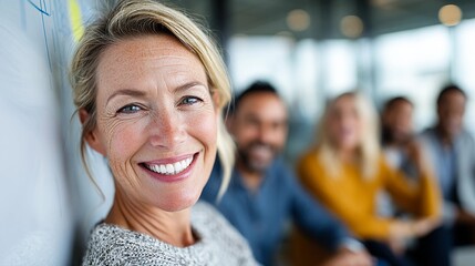 Smiling businesswoman leads a team brainstorming session - collaborative innovation