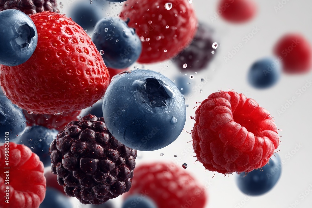 Aufkleber Fresh berries splashing and floating in mid-air captured in a vibrant setting