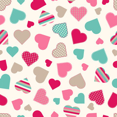 Bright and cute seamless patchwork pattern with colorful hearts. Some elements are decorated with polka dots, stripes and decorative stitching, which gives the design a textile, cozy look. It is ideal