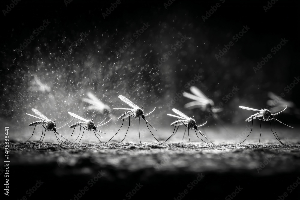 Poster close-up view of mosquitoes flying in a dark environment highlighting their wings and movement