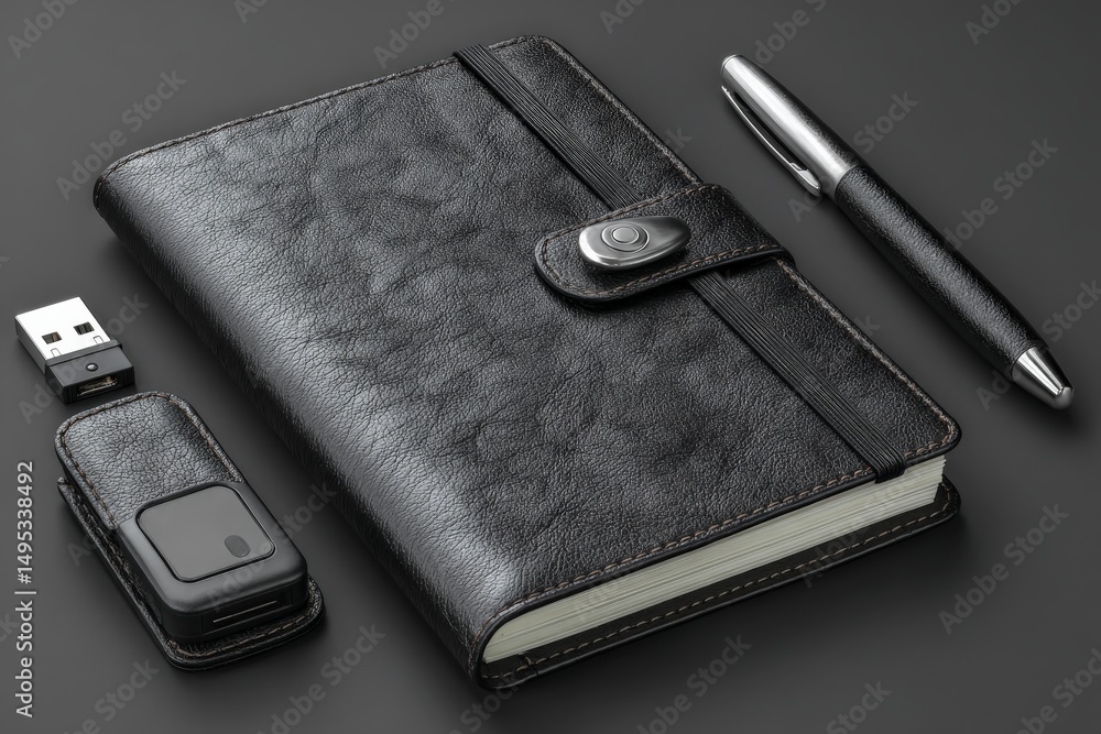 Poster elegant black notebook with usb drive and pen on a dark surface
