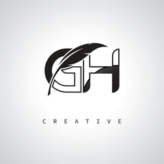 GH Letter Logo with Feather Pen – Elegant Monogram for Creative Branding and Identity Design