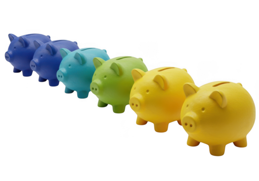 Colorful piggy banks in a row isolated on transparent background - Powered by Adobe