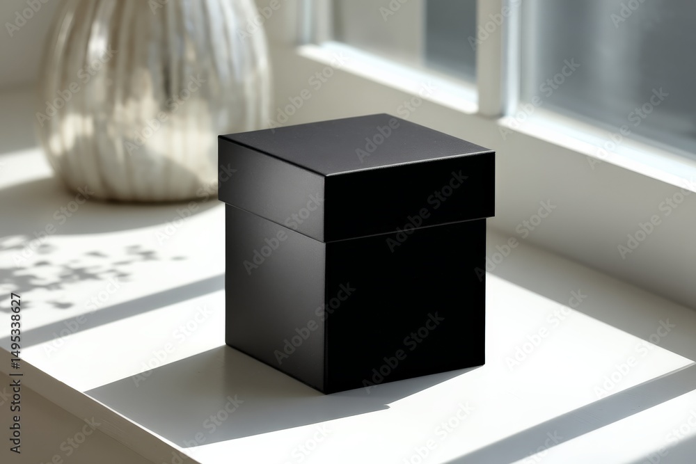 Poster Elegant black box positioned on a sunlit windowsill with soft shadows highlighting its design and texture