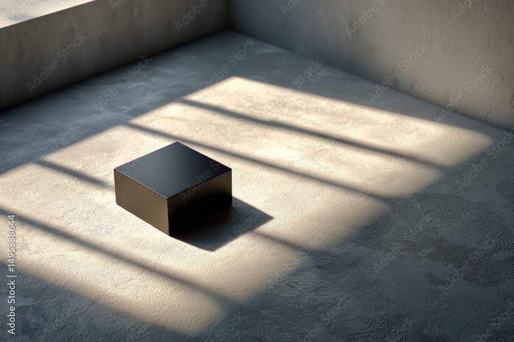 Poster Simple black box on a textured floor with sunlight casting shadows in a minimalistic indoor space