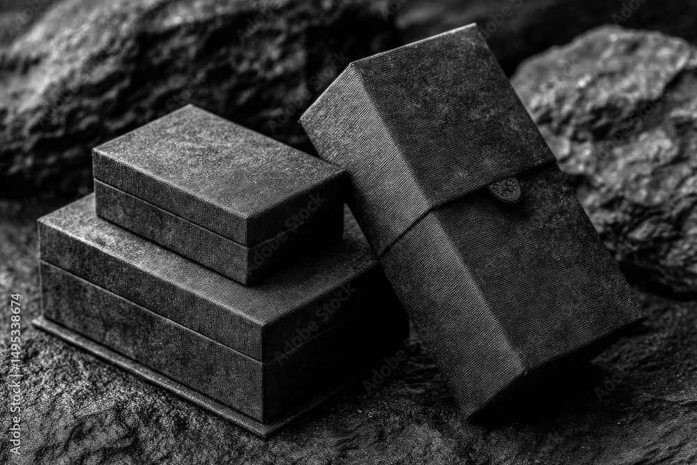 Leinwandbilder elegant black packaging displayed on textured stone surface with soft lighting creating a sophistica