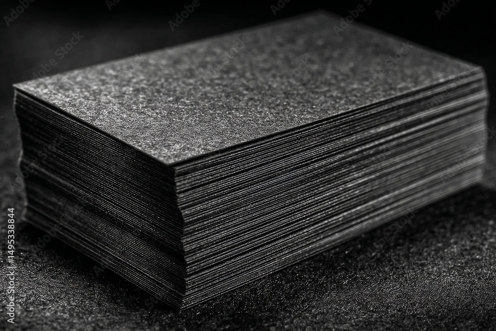 Poster Close-up view of stacked black sandpaper sheets resting on a dark surface in a workshop environment