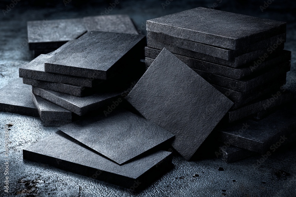 Poster stacked dark stone slabs arranged in a dimly lit industrial setting showcasing texture and depth