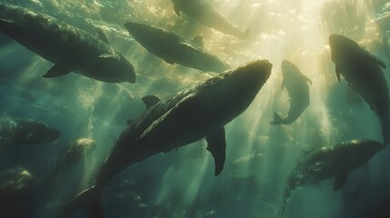 Fototapeta premium Sunbeams Illuminate a Pod of Whales Underwater