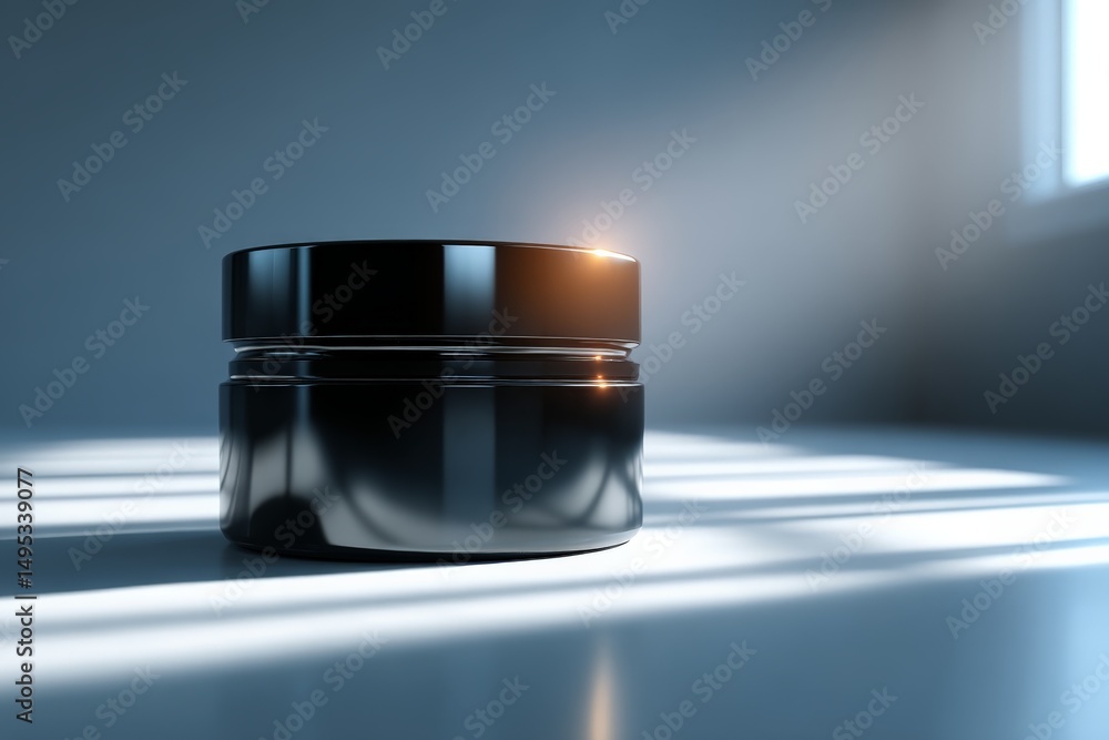 Poster glossy black container with lid sits on a surface illuminated by natural light in an indoor setting