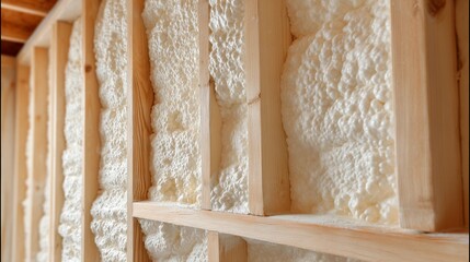 Spray foam insulation filling wall cavity between wooden studs - energy efficiency and thermal barrier