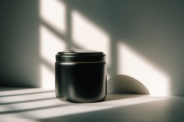 Candle jar casting shadows in soft light from window during morning hours