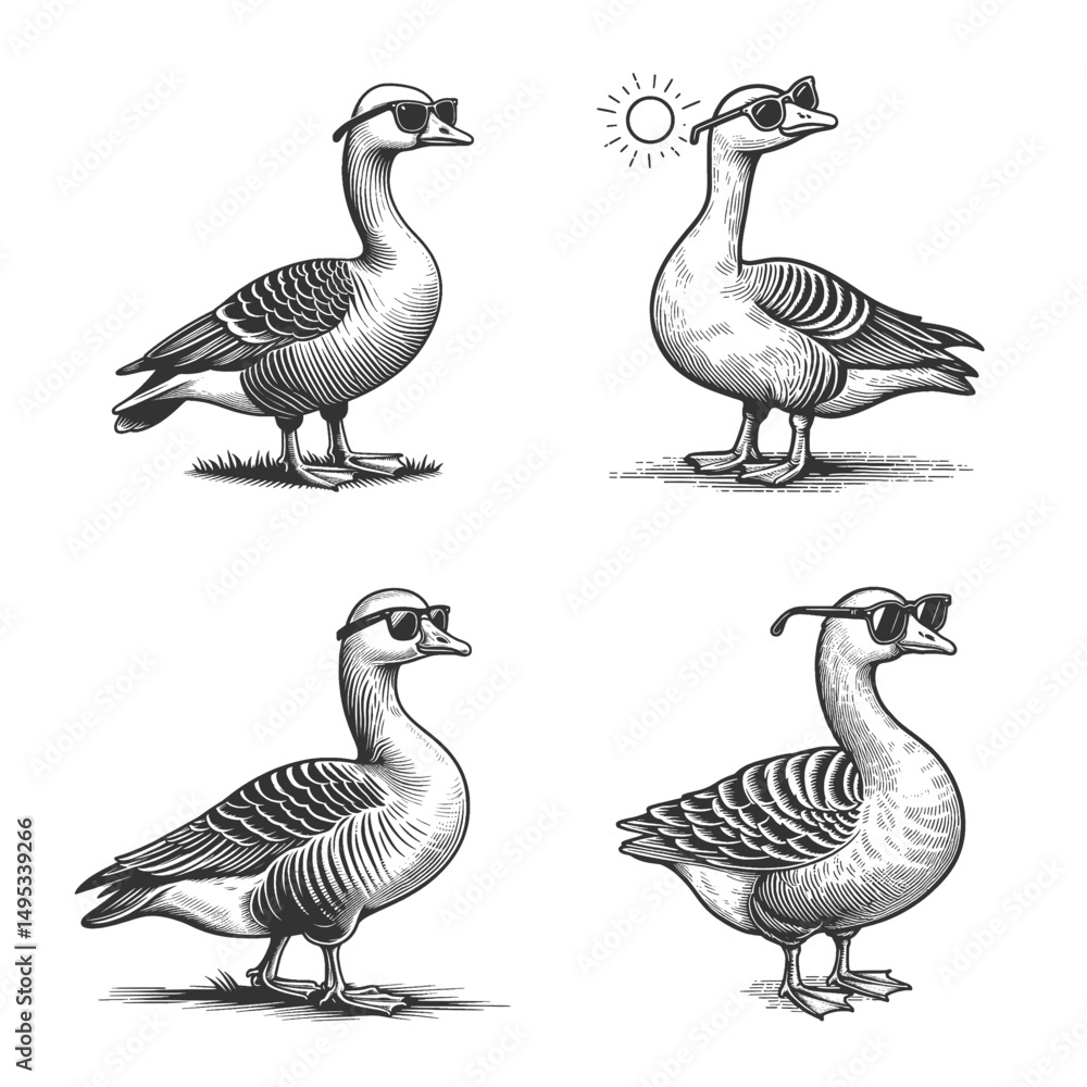 Poster goose wearing sunglasses set collection bundle sketch engraving generative ai vector illustration. s