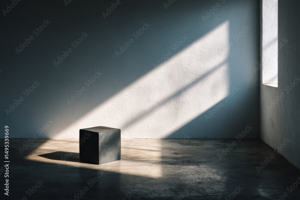 Poster light and shadow interplay in a minimalist room featuring a square stone block in the afternoon sun