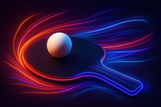 Black ping pong paddle and white ball with dynamic neon light trails flowing in the background, creating a vibrant and energetic scene