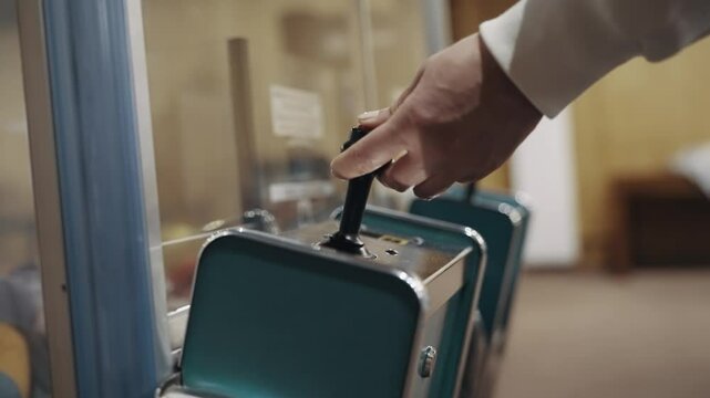 A person is playing a video game and pressing a button on crane joystick game with staffed toys