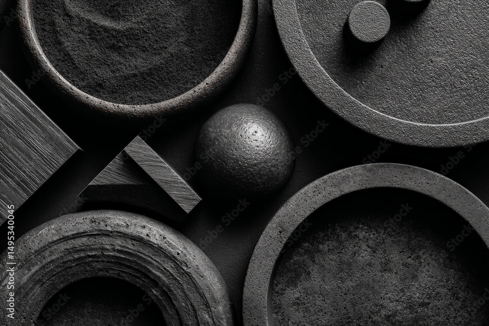 Poster textured black materials arranged in geometric patterns on a dark surface showcasing design elements