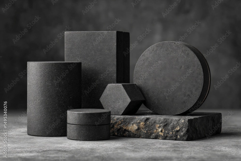 Poster stylish black geometric shapes arranged on a textured surface with soft lighting creating an elegant