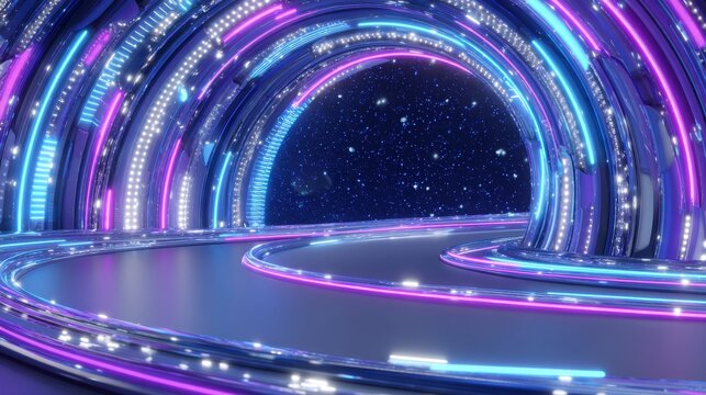 A luminous, iridescent thoroughfare characterized by multicolored radiance and a central pathway, arousing impressions of haste and futuristic odysseys in an unearthly ambiance