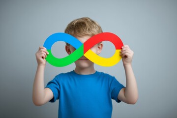 The concept of world autism awareness day is represented by a young kid with autism alongside an infinity rainbow symbol sign, embodying the autism rights movement and neurodiversity