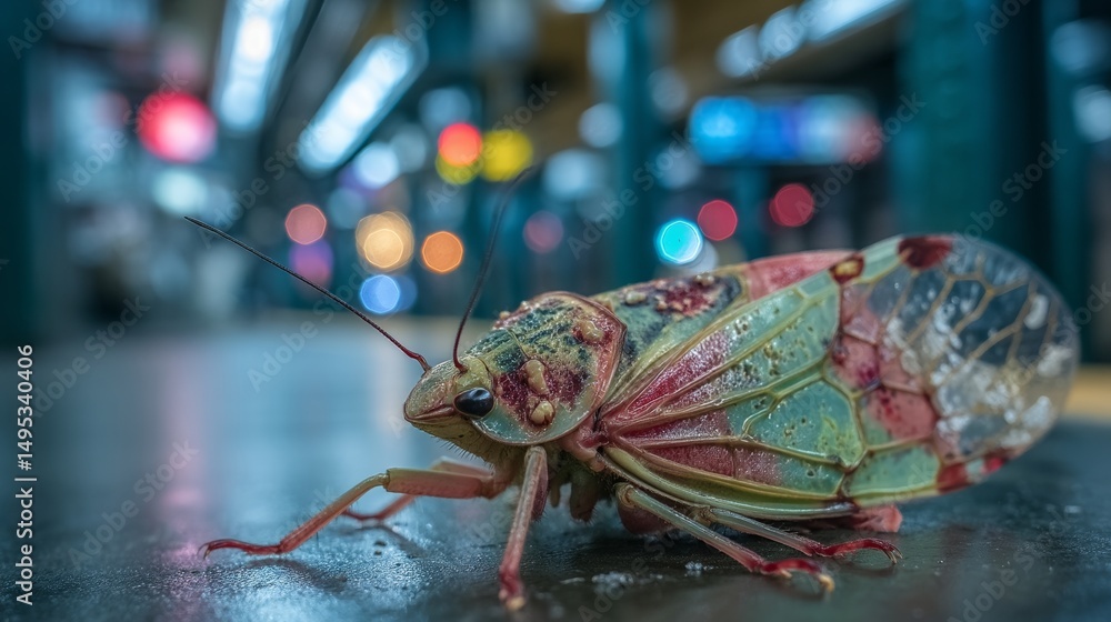 Poster the image of a futuristic bug stepping across a neon checkered floor creates a captivating visual na