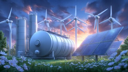The production of renewable energy through hydrogen gas tanks and pipelines supports clean electricity generation at solar and wind turbine facilities, promoting green energy