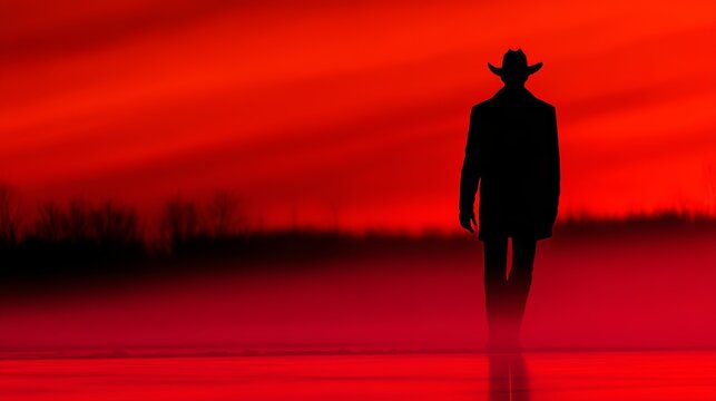 A cowboy's silhouette is set against a backdrop of a misty and fiery sunset