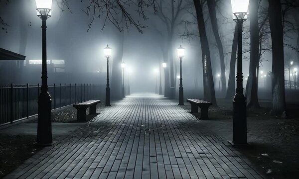 A misty park pathway illuminated by a row of vintage street lamps under a moonlit night sky, surrounded by bare trees and an eerie, tranquil atmosphere.