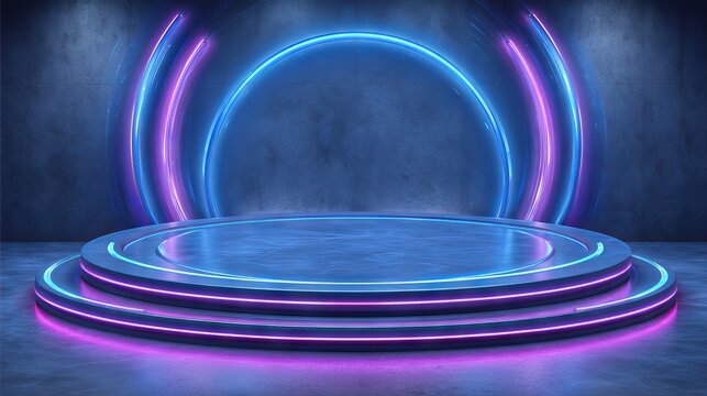 A circular stage with bold outlines defined by vibrant neon strips, enveloped in mist, sets the tone for an immersive atmosphere illuminated by pink and blue hues for engaging presentations