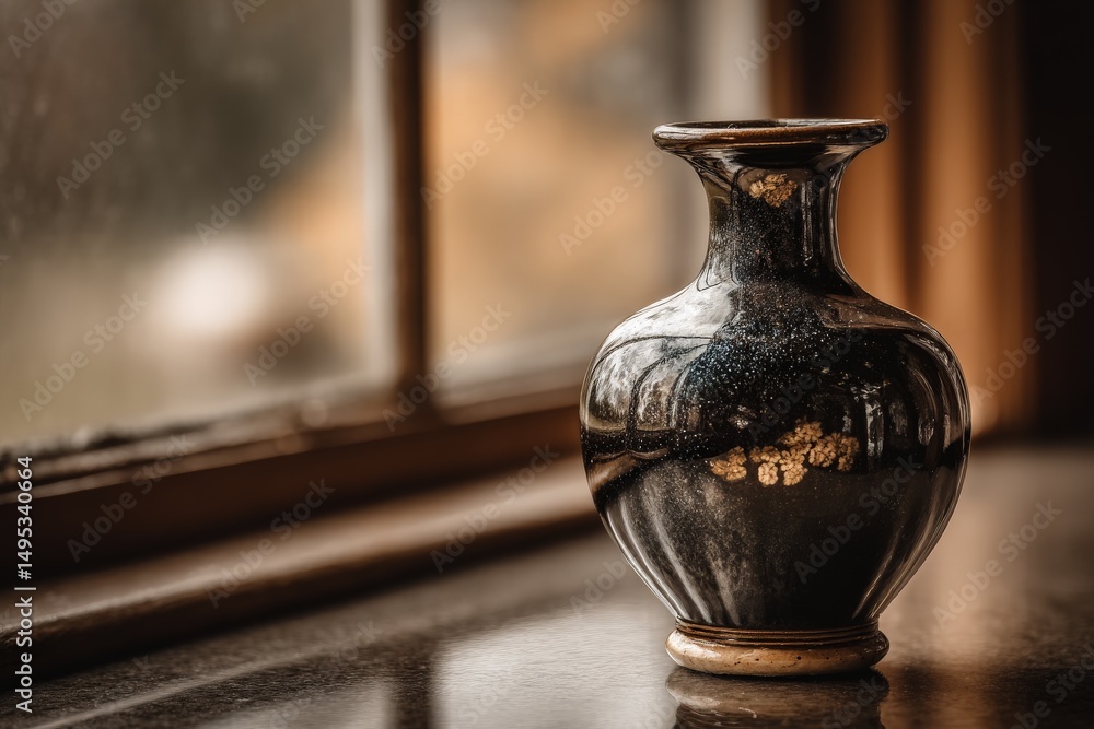 Poster elegant ceramic vase placed on a table beside a window during daylight showcasing intricate patterns