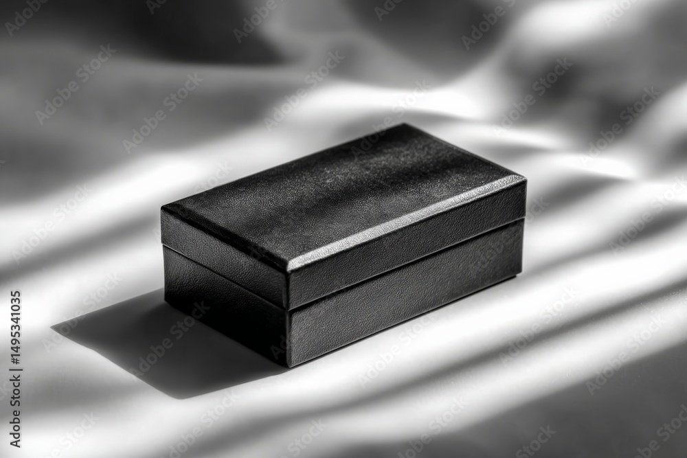 Poster elegant black box rests on soft fabric, casting subtle shadows in soft light