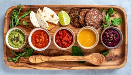 Artisanal Food Presentation: A wooden platter with diverse sauces and flavors